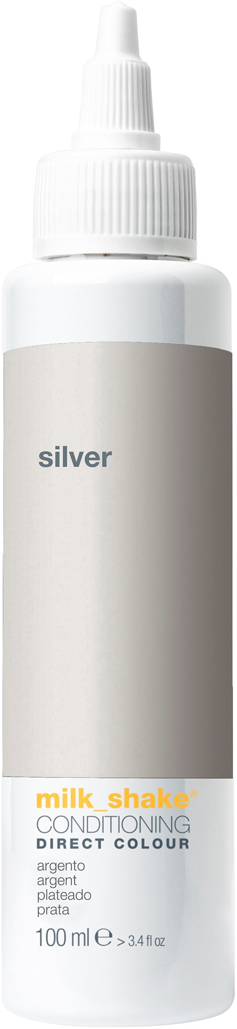 Een witte fles met een tuitje die 'silver' en 'milk shake conditioning' labelt voor haarverf.