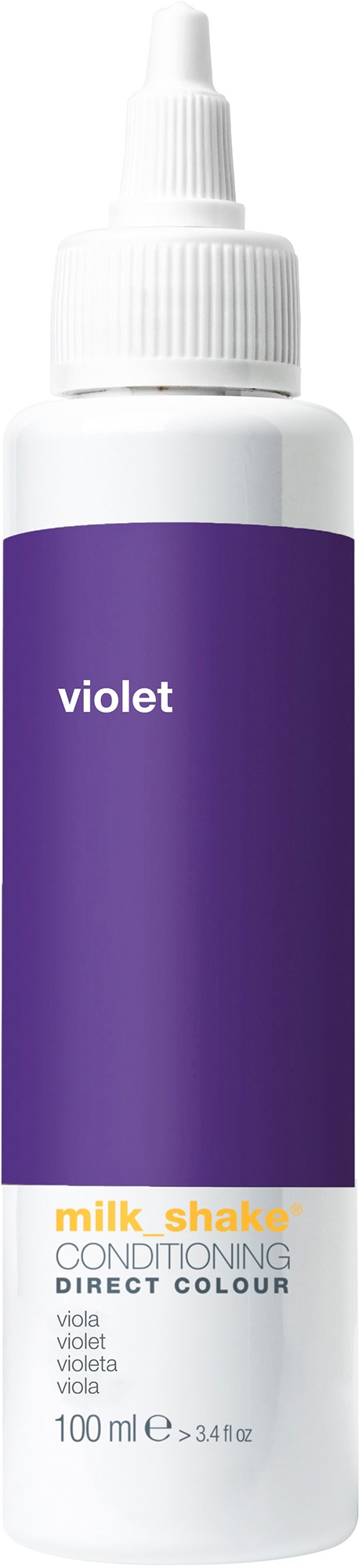 En vit sprayflaska med en lila etikett med ordet 'violet' för hårfärgning.