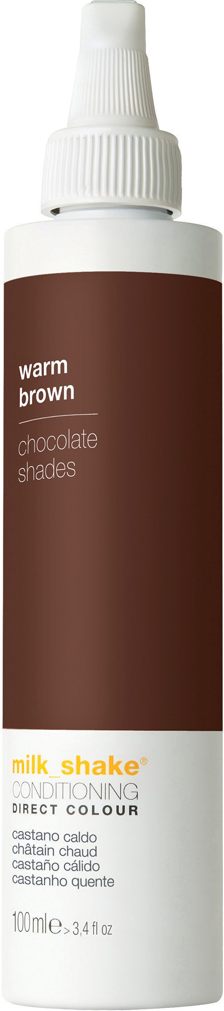 Een witte fles met een bruine label die zegt "warm brown" en "chocolate shades." Het heeft een spraydop.