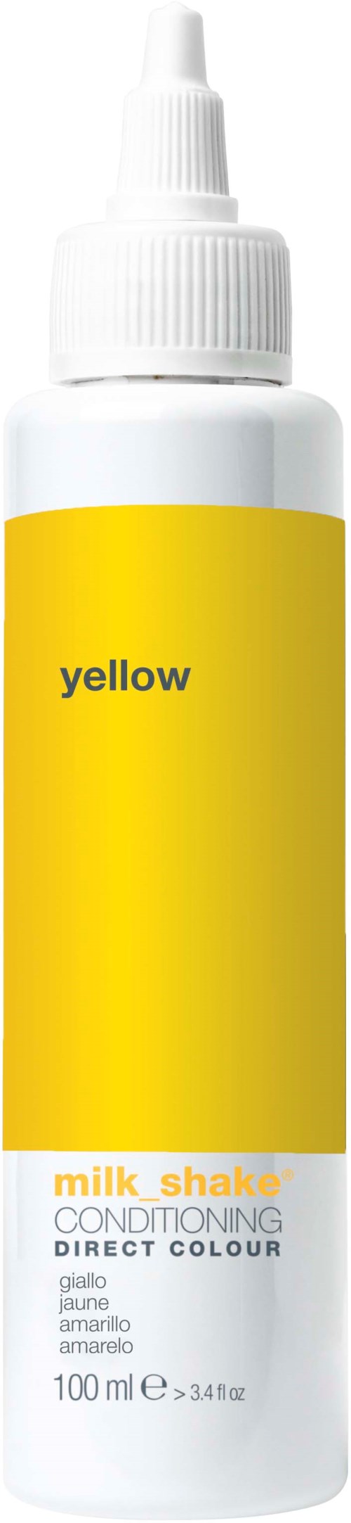 Eine weiße Flasche mit gelbem Etikett, auf dem 'yellow' steht, enthält Haarfarbe.