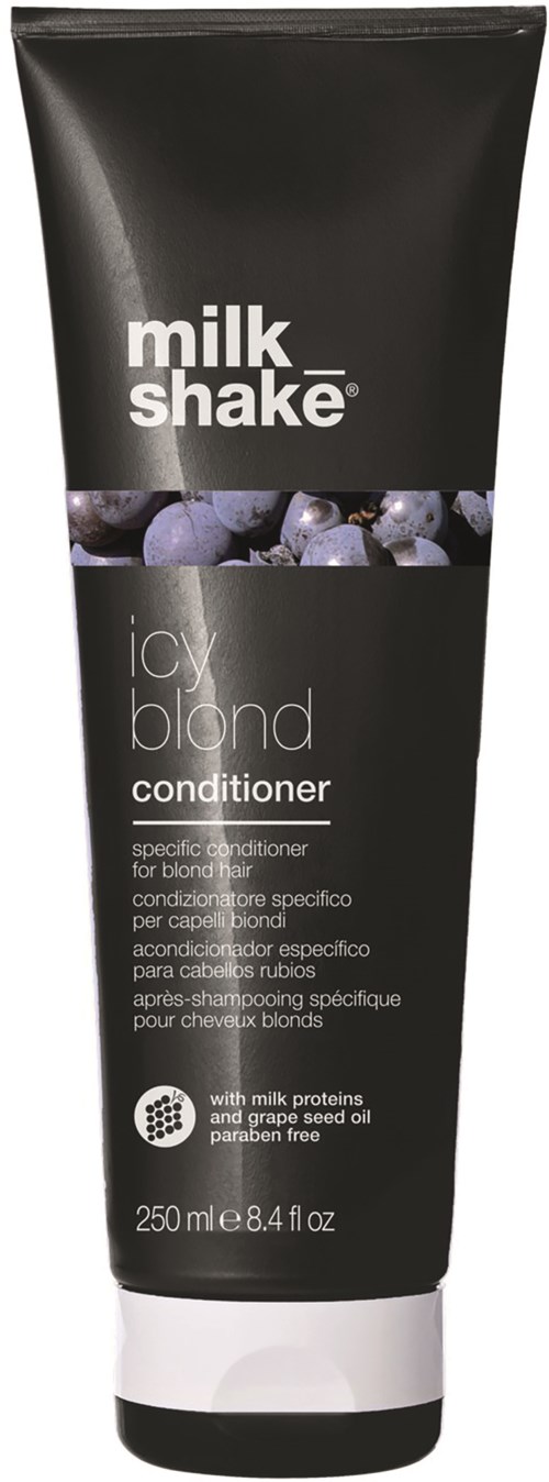 Een zwarte tube Milk Shake Icy Blond conditioner met een paarse bosbesafbeelding en witte tekst.