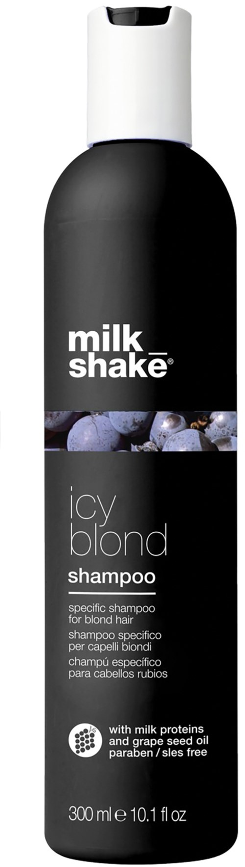 Een zwart flesje met label 'milk shake icy blond shampoo' en blauwe bes afbeelding, betekent haarverzorgingsproduct.