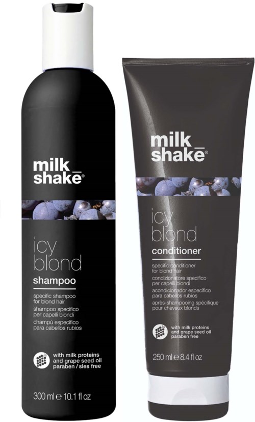 Een zwart-wit fles shampoo en een grijze tube conditioner voor blond haar. Beide hebben bessen op de etiketten.