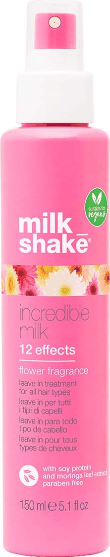 Een roze sprayfles met 'milk shake' biedt 12 effecten, met geur, voor alle haartypes, bevat soja en meringe.
