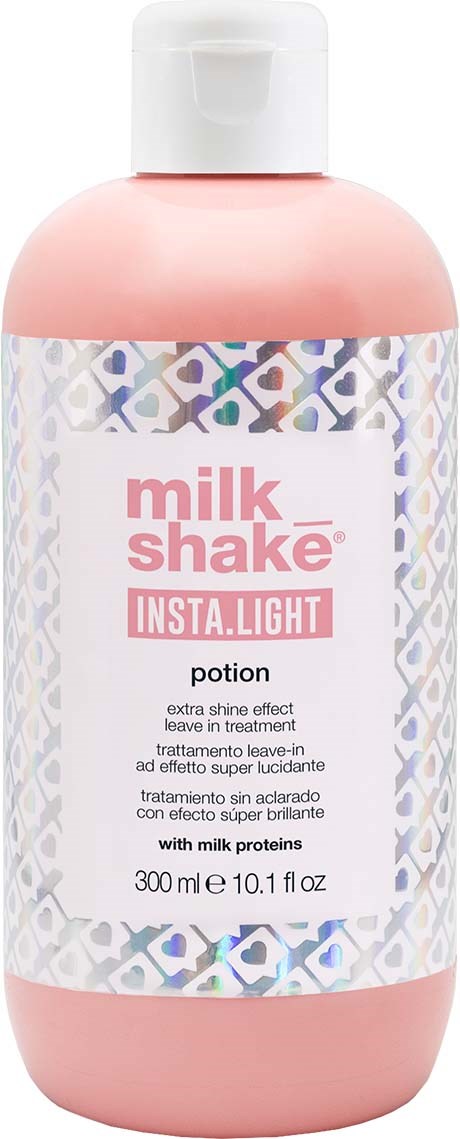 Een roze fles Milk Shake Insta Light Potion met 300 ml capaciteit, ontworpen voor glans en leave-in behandeling met melkeiwitten.