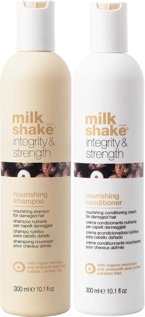 To flasker merket 'milk shake' for nærende hår, en for sjampo og en for balsam.