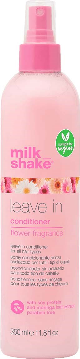 Roze sprayfles met 'milk shake' en 'leave in conditioner' tekst, bloemengeur, 350 ml.