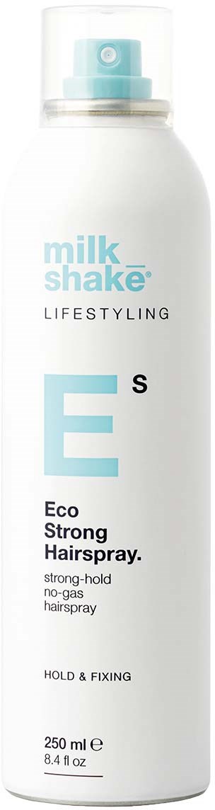 Een lange witte spuitbus met lichtblauwe dop, gemarkeerd als Eco Strong Hairspray, bevat 250 ml product.
