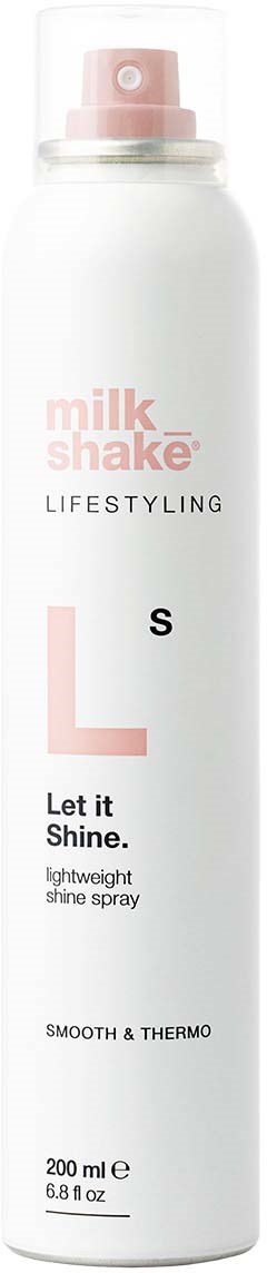 Een witte spuitbus met roze en zwarte tekst, gelabeld 'milk shake' en 'LIFESTYLING', promoot een glansspray voor haar.