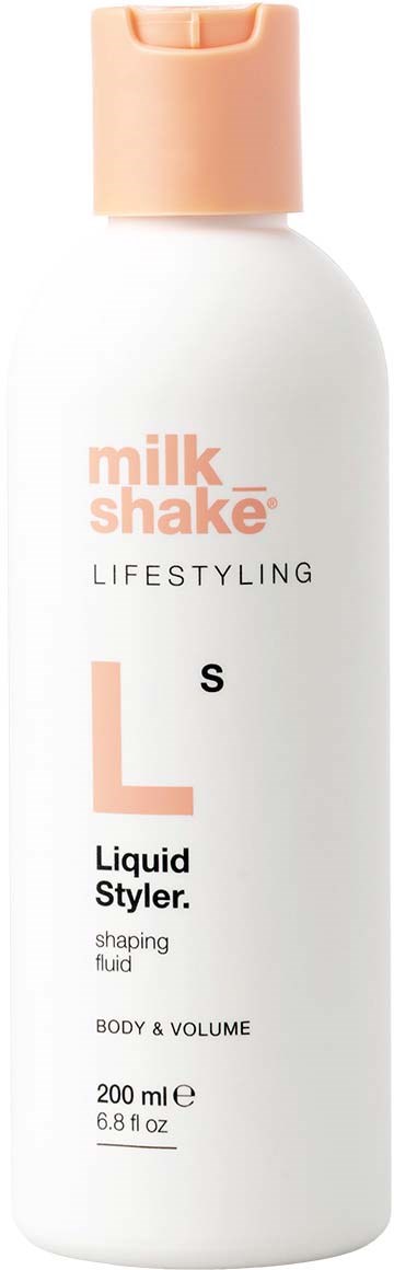 Eine weiße Flasche mit peachfarbenem Deckel, beschriftet 'Milk Shake' für Stylingflüssigkeit, 200 ml.