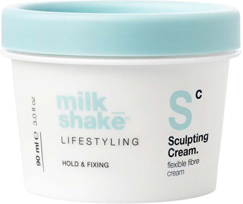 Een wit en lichtblauw bakje van milk-shake S°C Sculpting Cream, voor het vasthouden en fixeren van haar, 90 ml.
