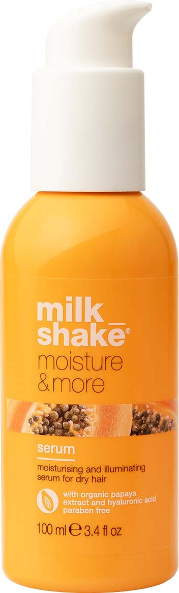 A small orange bottle with a white pump, labeled 'milk_shake moisture & more serum' for hair care.