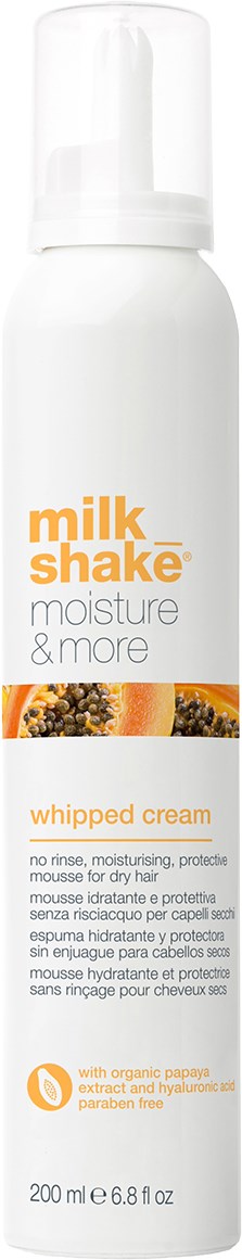 A white bottle labeled 'milk shake moisture & more' contains whipped cream for hair, promises no rinse, moisturizes, and protects hair.