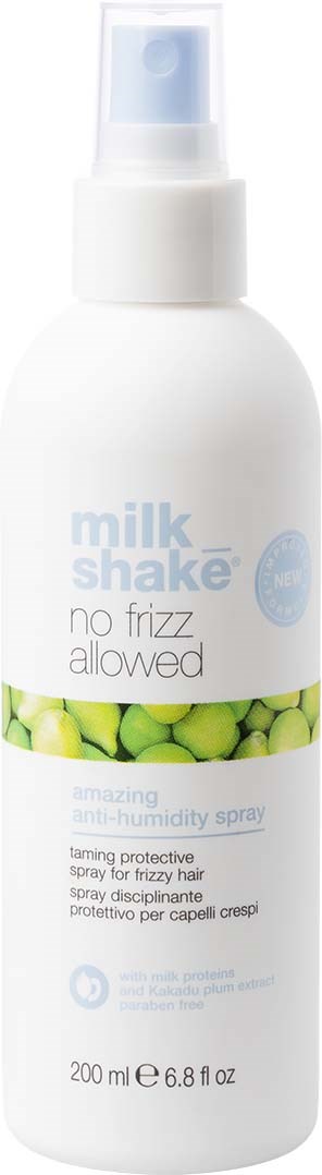 White spray bottle labeled 'milk shake no frizz allowed' for hair, with green peas image, 200ml size.