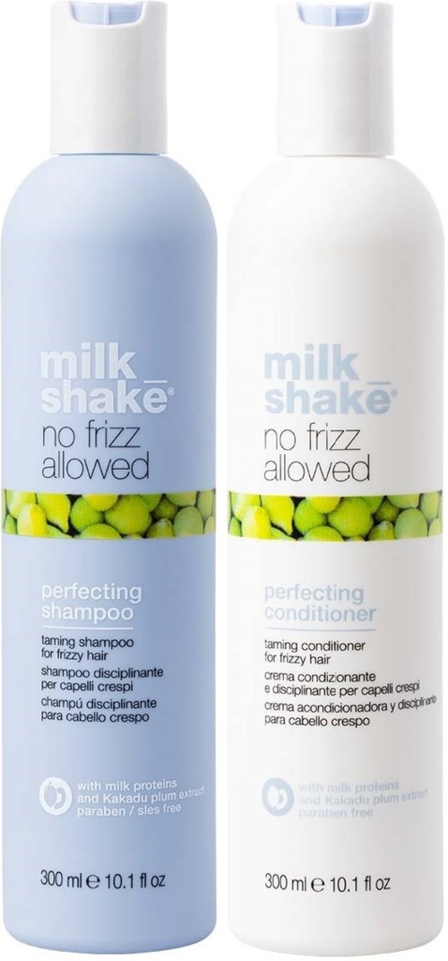 Kaksi pulloa Milk Shake no frizz allowed shampoota ja hoitoainetta, kumpikin 300 ml, etikessä vihreitä viinirypäleitä.