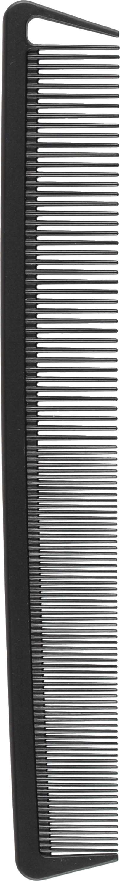 A long, rectangular black comb with fine teeth and a curved handle. It is placed vertically on a black background.