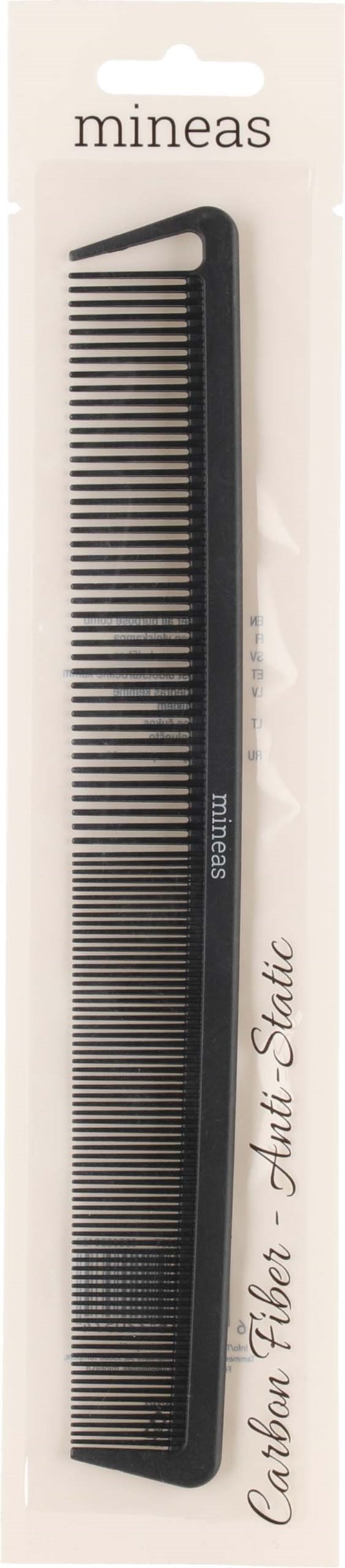 A black hair comb in packaging with the words 'Carbon Fiber - Multi Streak' and brand name Mineas.