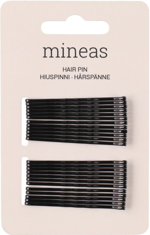 Kaksi settiä mustia hiushampaan pihditä, kiinnitettynä valkoiselle kortille, jossa lukee 'mineas'.