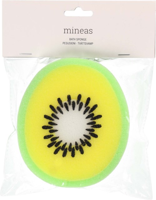 En badedope formet som en kiwi med gul og grønn farge, og svart frødesign, i plastemballasje.