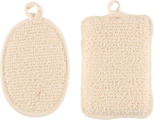 Two beige cleaning or scrubbing pads with hanging loops. One oval and one rectangular shape.