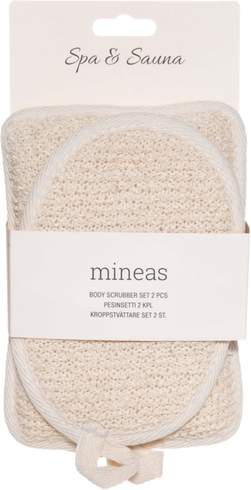 A set of two beige, textured body scrubbing sponges in clear packaging, labeled 'Mineas' and 'Spa & Sauna'.
