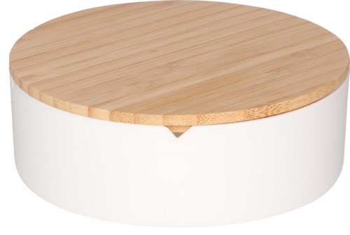 A round white box with a flat wooden lid on top.
