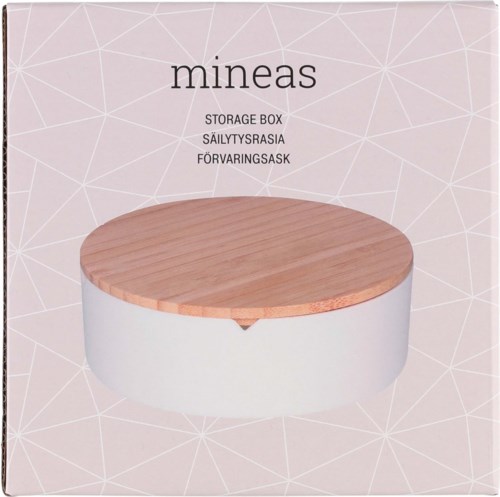 A storage box with a wooden lid, round shape, and white base. The background has a light pattern.