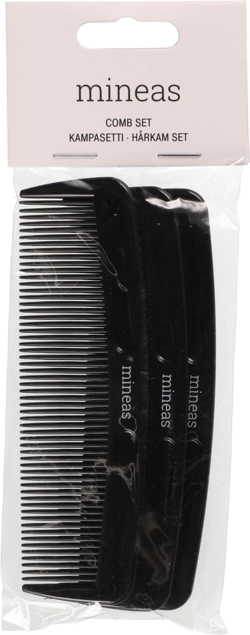 Ein schwarzes Bürsten Set in klarem Kunststoff, mit Markenname Mineas und Produktbeschreibung auf dem Etikett.