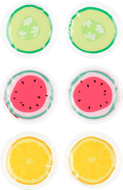 Six round fruit slices, two of each kind: cucumber, watermelon, and lemon, arranged in three rows.