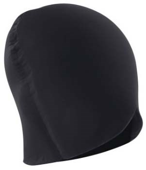 A black swim cap made of smooth material, fitting over the head to keep hair dry in water.