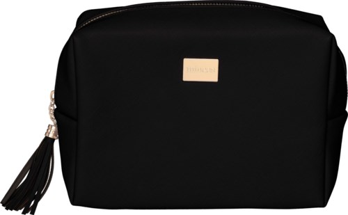 A black bag with a gold nameplate and a tassel zipper.