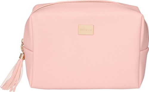 A light pink bag with a gold logo and a tassel on the zipper.