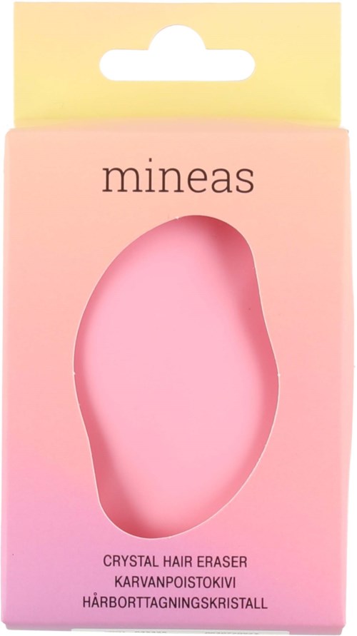 Pink and yellow packaging for a crystal hair eraser. It has a large oval cutout and the brand name "mineas".
