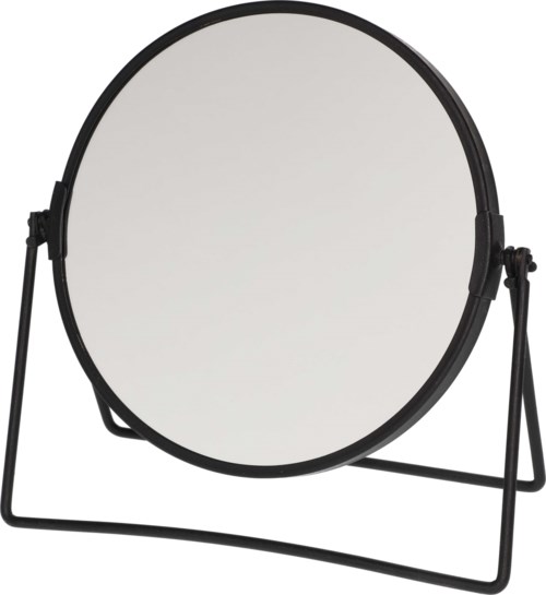 A round mirror on a black stand, simple and modern, with no additional decorations.