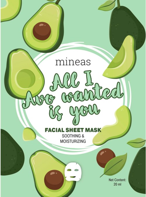 A facial mask with avocados and leaves, labeled as soothing and moisturizing, designed for skincare.