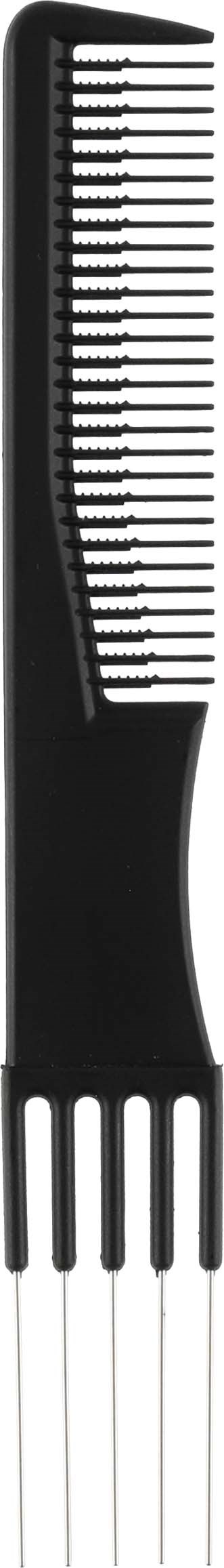 A black and white wide-tooth comb divided into sections, with a handle, used for hair grooming.