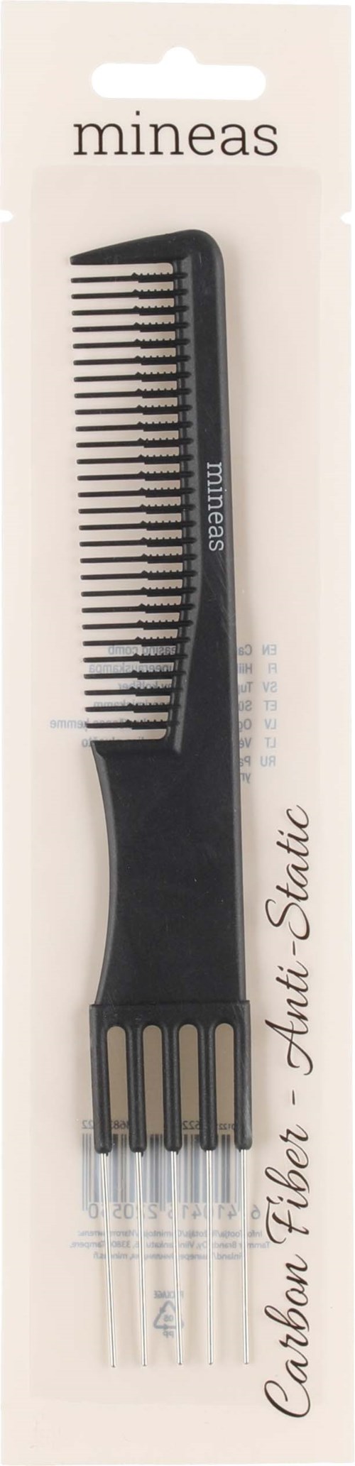 A black hair comb with a handle, labeled 'mineas', in packaging with text indicating it's a carbon fiber static comb.