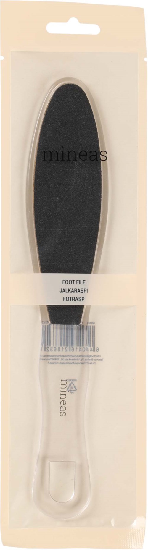 En skoslipare med svart slipande yta och ett klart handtag i ett plastpaket.