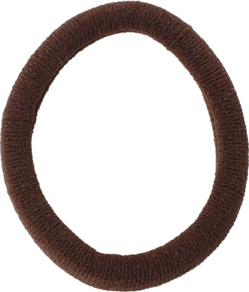 A brown, fabric-covered hair tie or elastic band, round in shape.