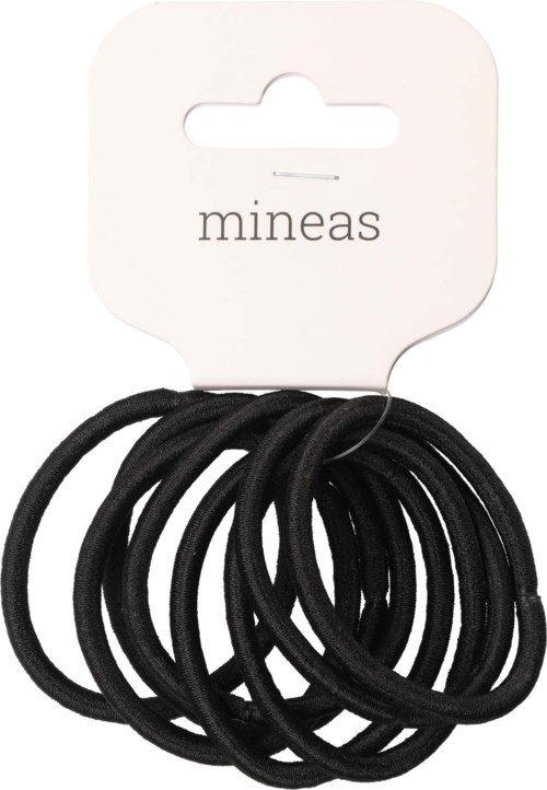 En pakke med svarte strikk på et hvitt kort merket 'mineas'.