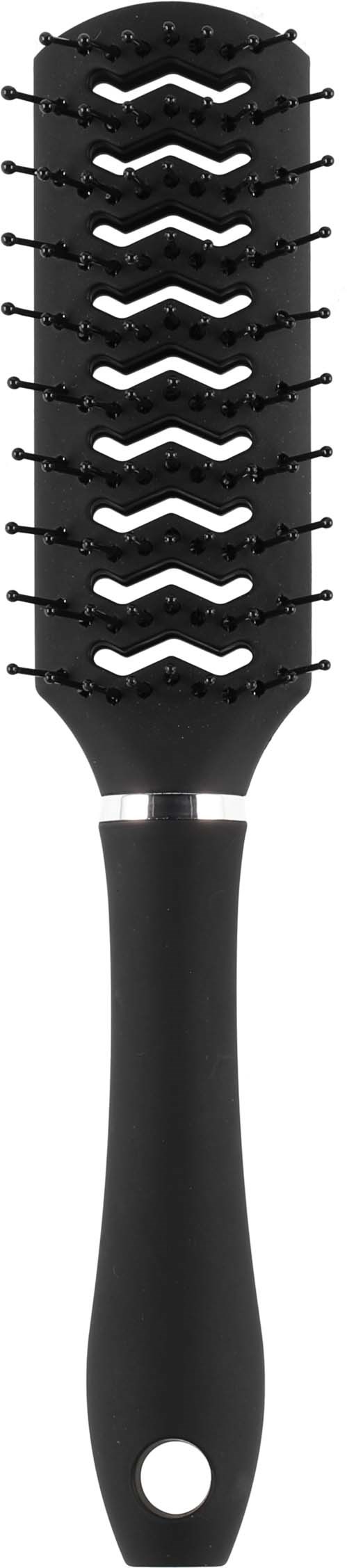 A black hairbrush with a long handle and wide, rounded head, featuring many flexible bristles.