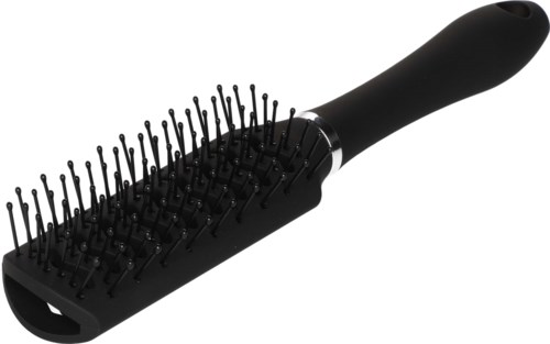 A black hairbrush with a handle and many bristles for grooming hair.
