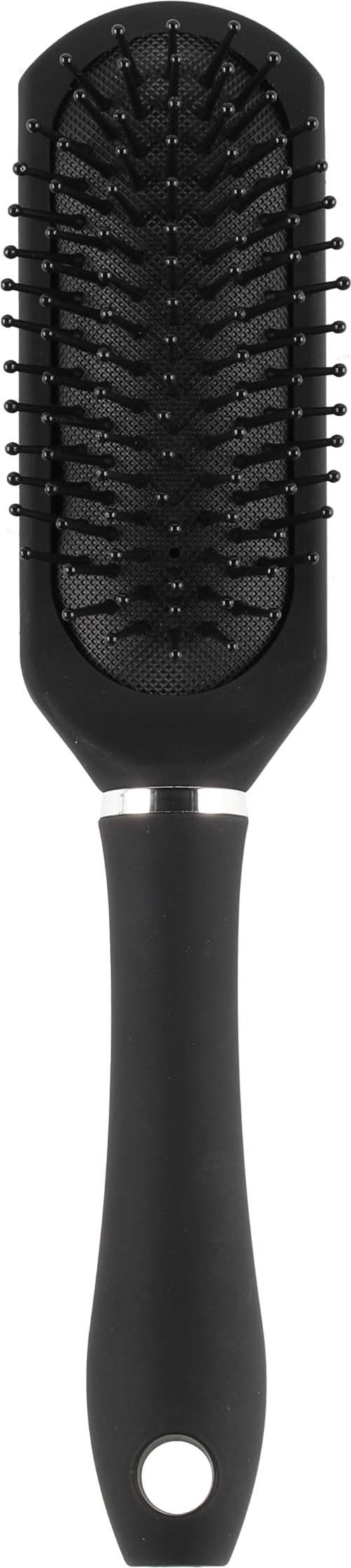 A black hairbrush with a long handle and bristles inside an oval shape.