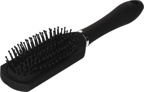 A black brush with a handle, bristles on top, used for styling hair.
