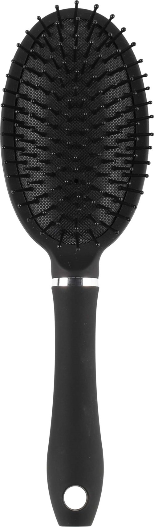 A black hairbrush with a handle, oval shape, and plastic bristles for styling hair.