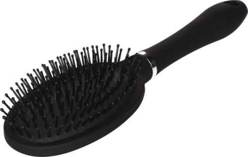 A black hairbrush with a handle, wide oval shape, and many flexible bristles.