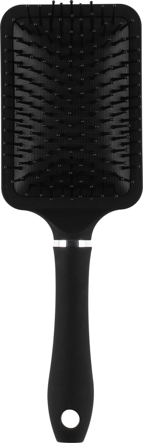 A black hairbrush with a handle, wide flat surface, and plastic bristles.