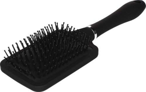 A black hairbrush with a large handle and widespread bristles for detangling hair.