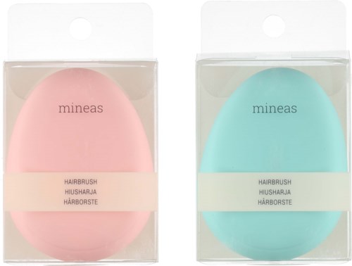 To pastellfargede eggformede børster i rosa og blå, merket 'mineas' og 'HAIRBRUSH' med annen tekst.
