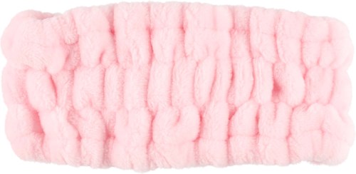 A soft, pink, fluffy headband with a ribbed texture, likely used for hair or cosmetic purposes.